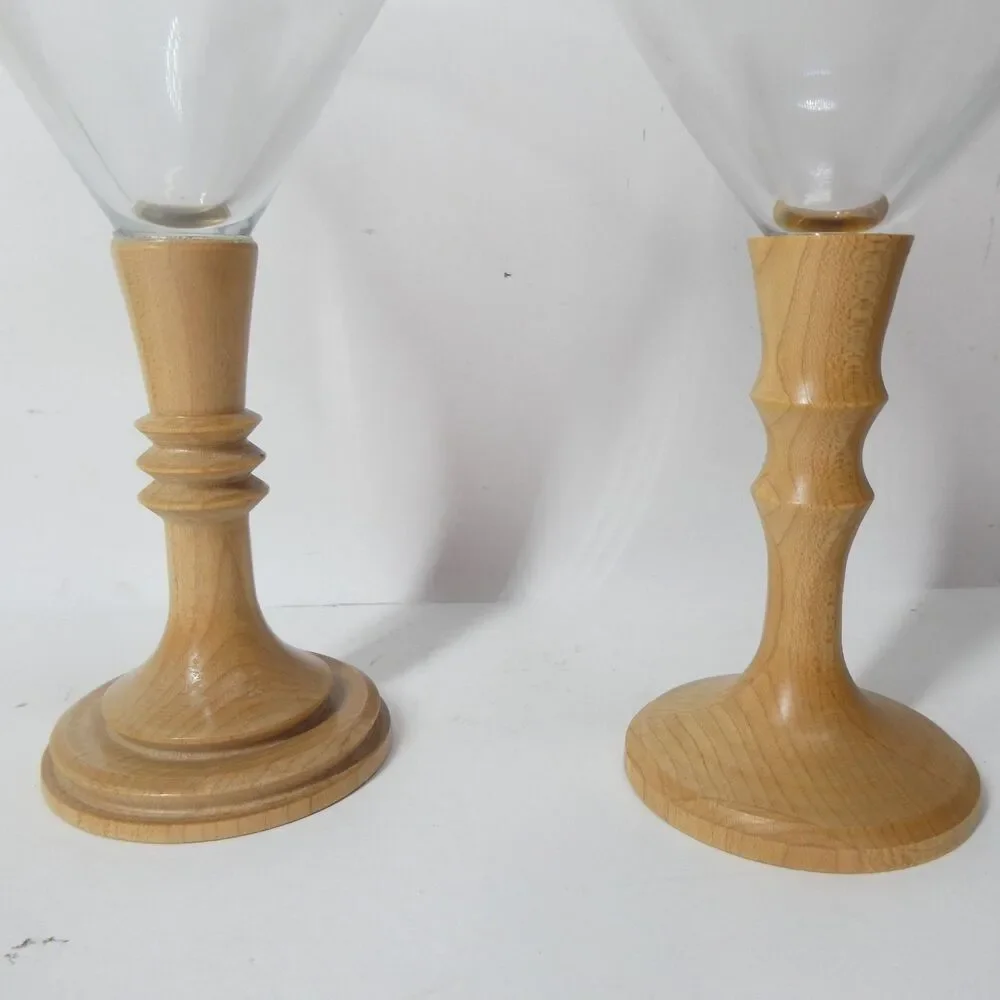 3 Turned Wood Stem Martini Glasses Signed Handmade Wooden